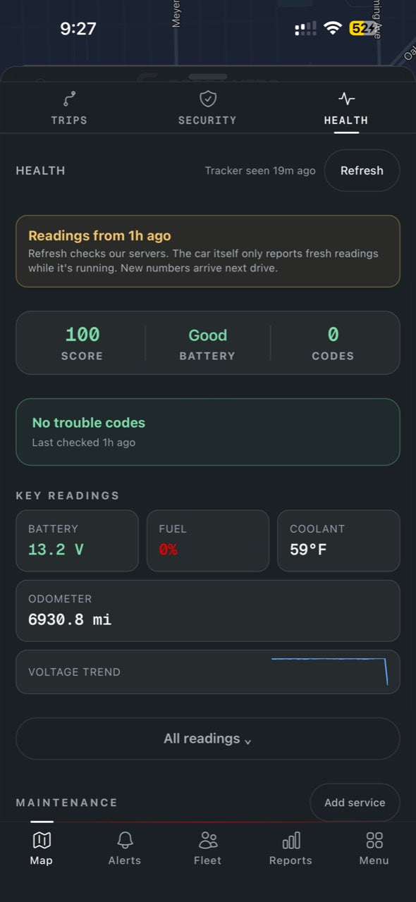Nero app vehicle health screen showing battery voltage, trouble code status and supported readings